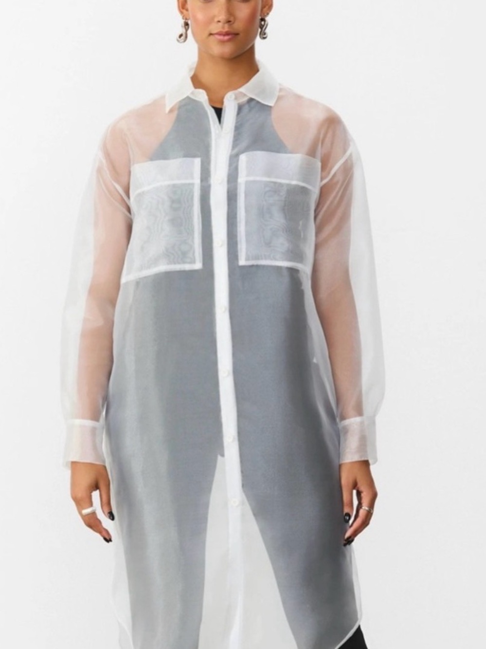 Sheer White Longline Button-Down Shirt Dress